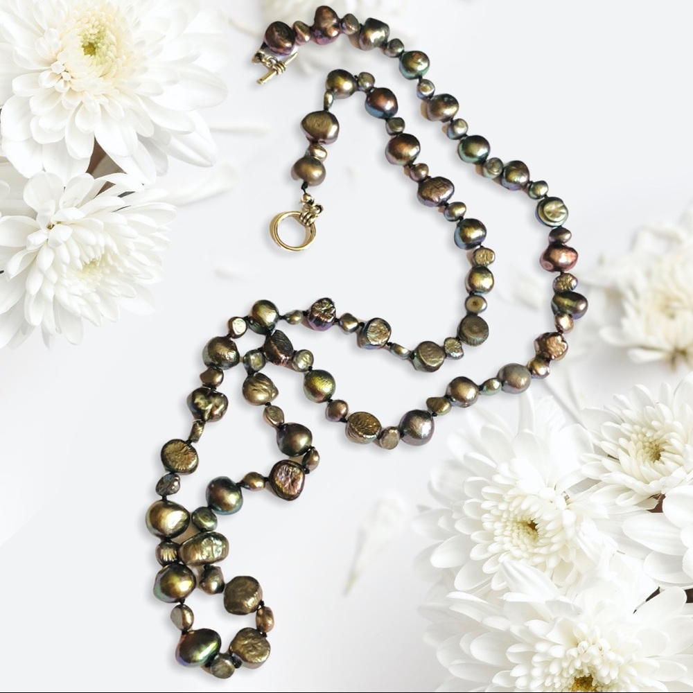 Hand Crafted Pearls Freshwater Necklace Silver Peacock Long Hand Knotted Silk - Picture 3 of 8